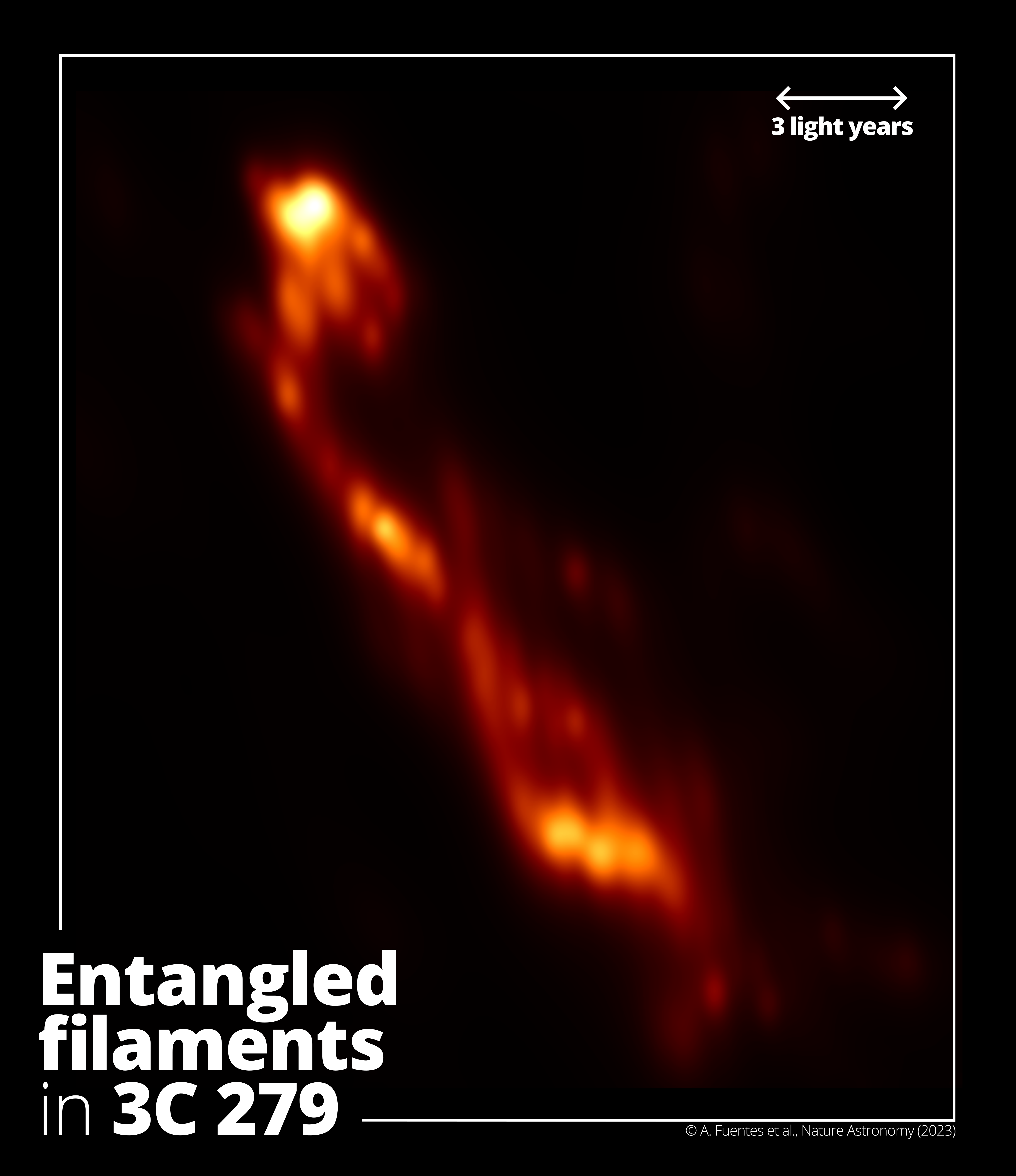 High-resolution image of the relativistic jet in the blazar 3C 279 obtained with RadioAstron. The image reveals a complex structure within the jet with several parsec-scale filaments forming a helix shape. Credit: RadioAstron/Fuentes et al.