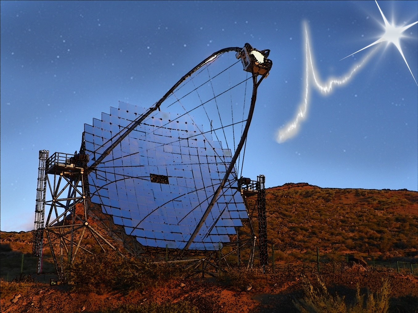 Illustration by Benito Marcote, presented during his conference talk, depicting one of the MAGIC telescopes and the signal from a Fast Radio Burst detected during the observations.