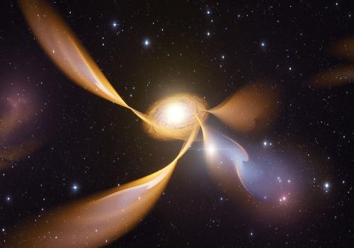 Artist's impression of filaments of gas flowing toward the accretion disk of 3C 84. (c) Luca Oosterloo (whoislvca.com)